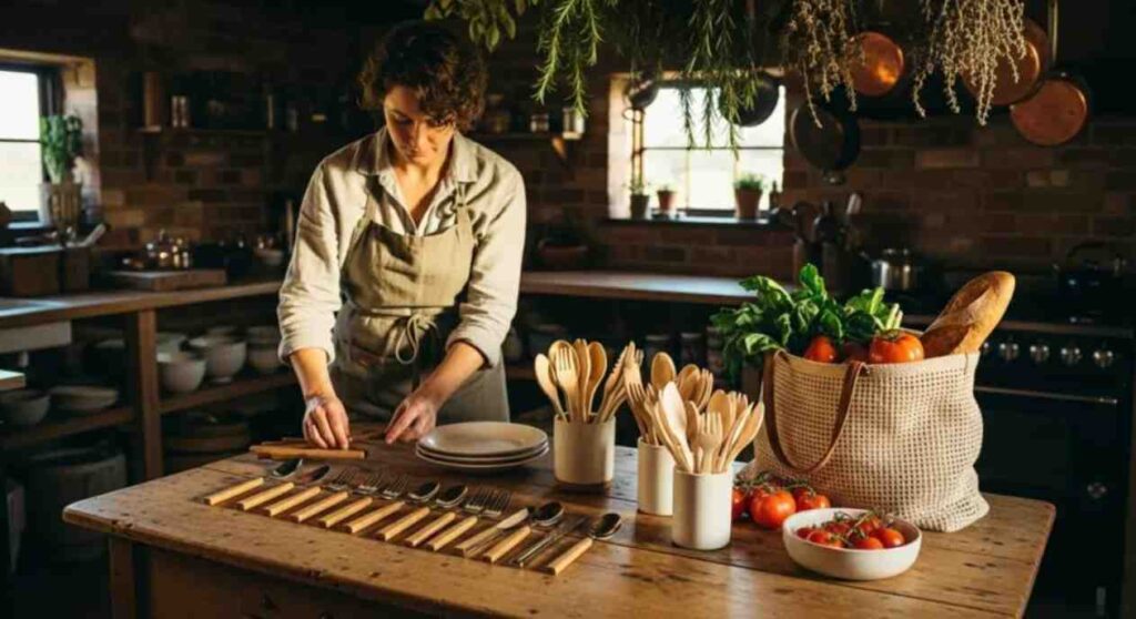 Person using reusable cutlery and biodegradable utensils in daily life, showing tips for reducing plastic waste and avoiding single-use plastics.
