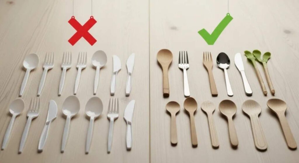 Plastic utensils placed beside eco-friendly alternatives like bamboo, steel, and biodegradable cutlery on a wooden table, showing plastic vs sustainable choice.