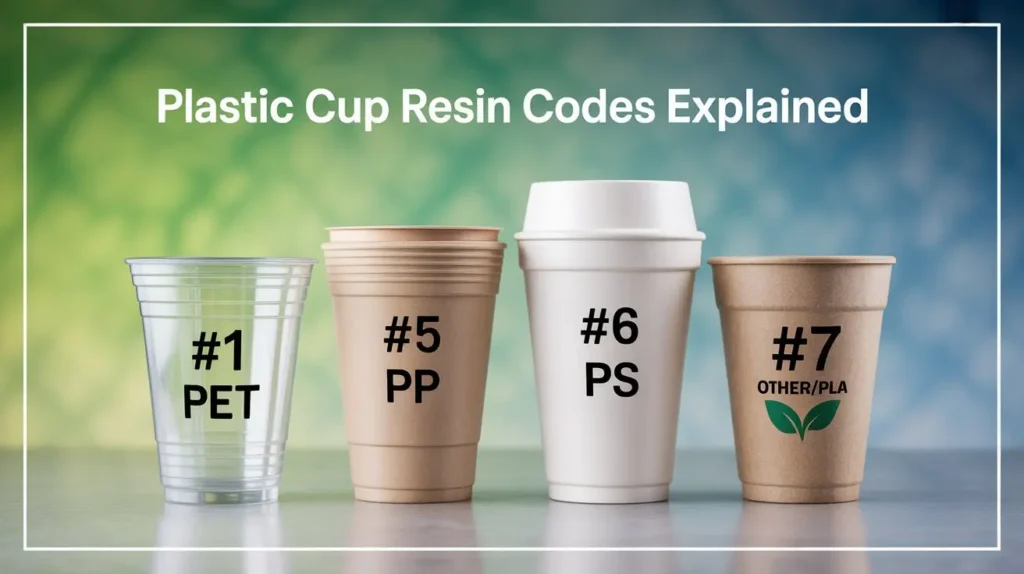 "Infographic showing plastic cups with recycling codes — PET (#1), PP (#5), PS foam (#6), and PLA/Other (#7) — explaining which types are recyclable and which are not.
