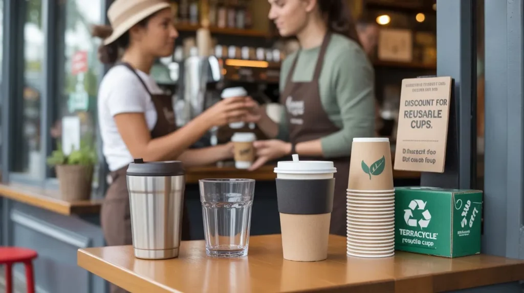 Photorealistic café scene showing eco-friendly alternatives to plastic cups: stainless steel tumbler, clear glass cup, polypropylene cup, and compostable paper cups with a leaf logo, with a barista offering a discount for reusable cups in the background.