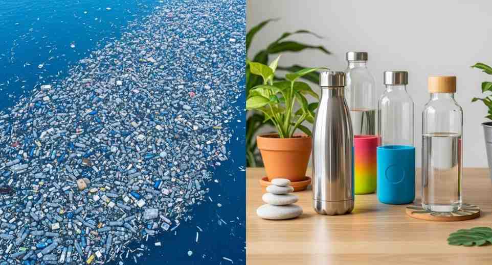 Realistic comparison of plastic bottle pollution vs stainless steel reusable water bottle, highlighting sustainability and eco-friendly hydration choice.