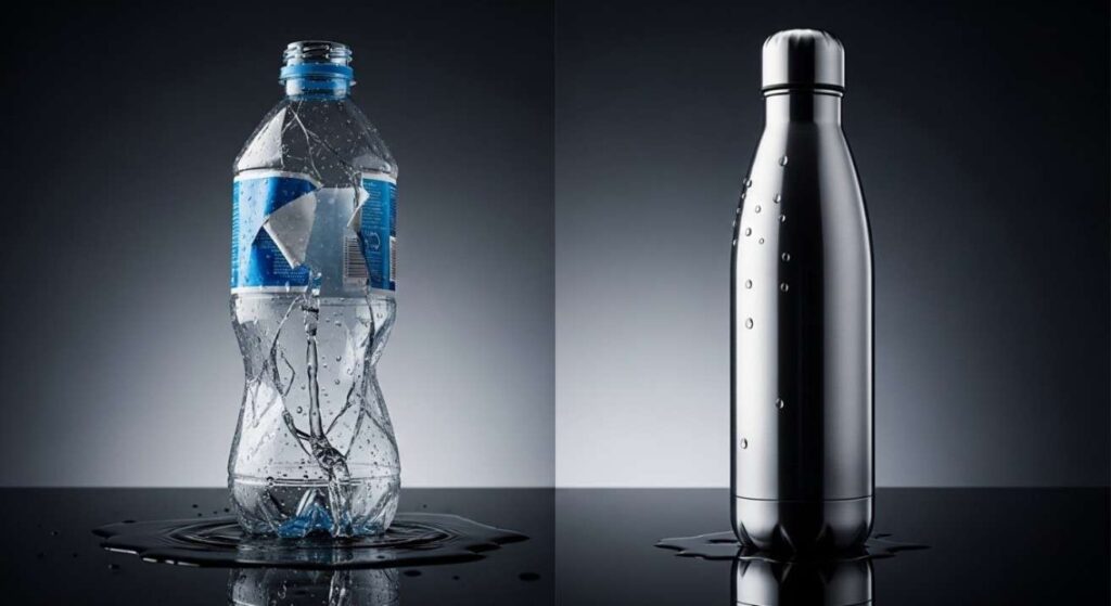 Comparison of cracked plastic water bottle vs durable stainless steel bottle, highlighting longevity, strength, and reusable eco-friendly design.