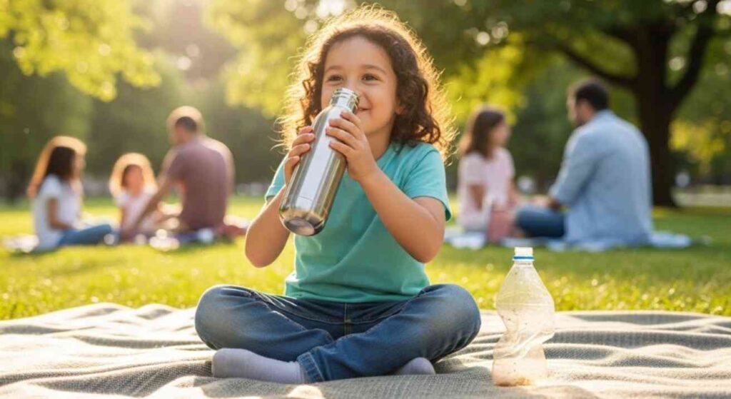Child using a stainless steel water bottle beside a discarded plastic bottle, highlighting safety, hygiene, and family-friendly eco benefits.