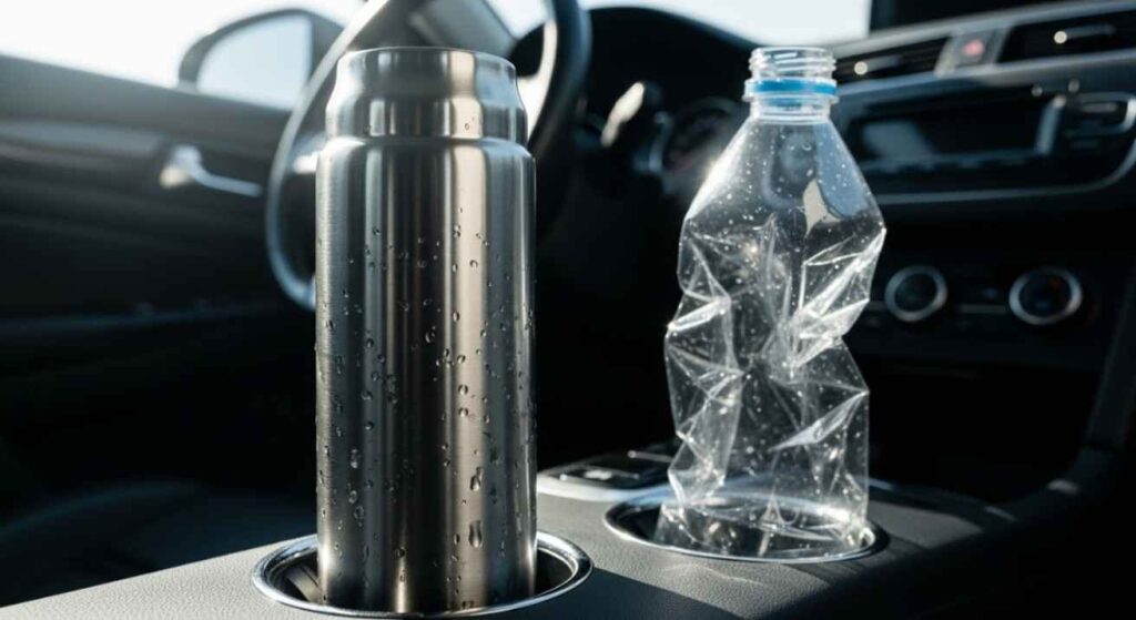 Stainless steel insulated water bottle in a car cup holder beside a warped plastic bottle, showing convenience, durability, and eco-friendly daily use.