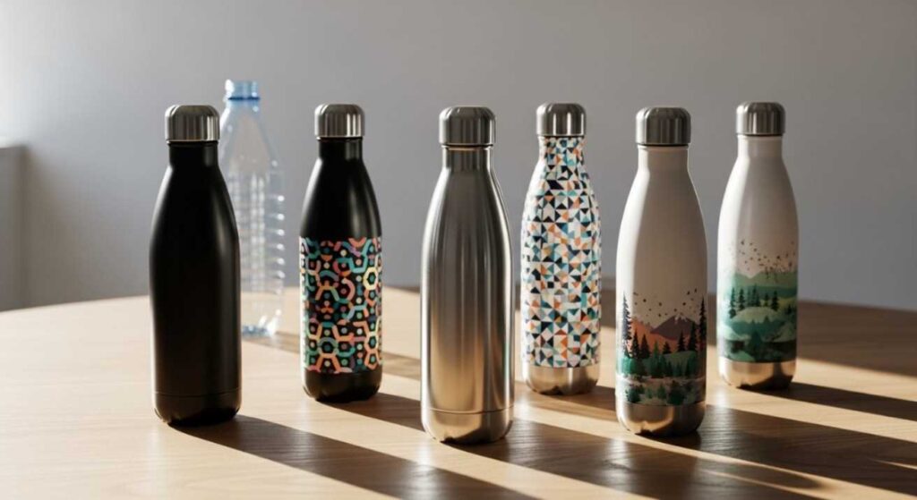 Stylish stainless steel water bottles in matte, metallic, and custom print designs, contrasting with a worn plastic bottle, showing durability and style.