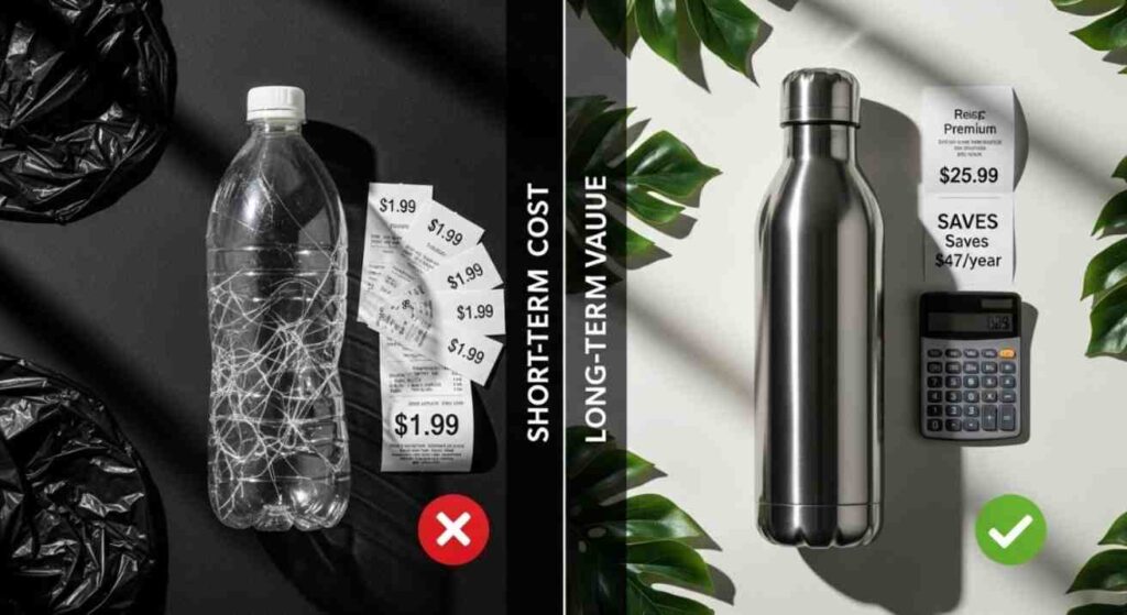 Cost comparison of plastic vs stainless steel water bottles showing plastic as short-term cheap but wasteful, and metal as durable, long-term value.
