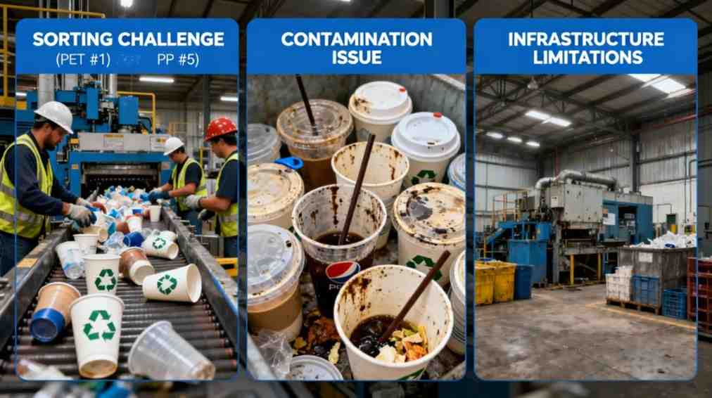 Infographic showing challenges of recycling plastic cups: sorting issues between PET and PP, contamination from leftover drinks, and limited recycling facilities.