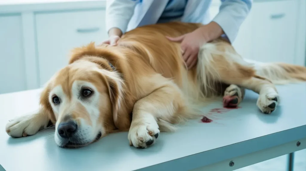 Realistic illustration of a sick dog showing symptoms after swallowing plastic, including pale gums, vomiting, abdominal pain, weakness, and digestive problems.