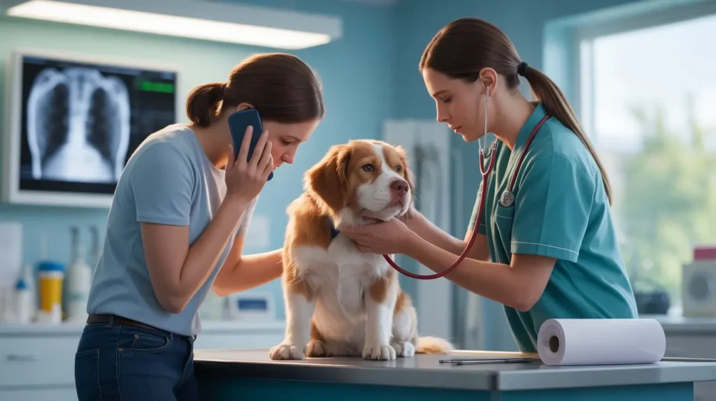 Photorealistic scene in an emergency vet clinic showing a worried owner holding a dog while a veterinarian examines the animal; X-ray monitor and medical equipment visible in the background.