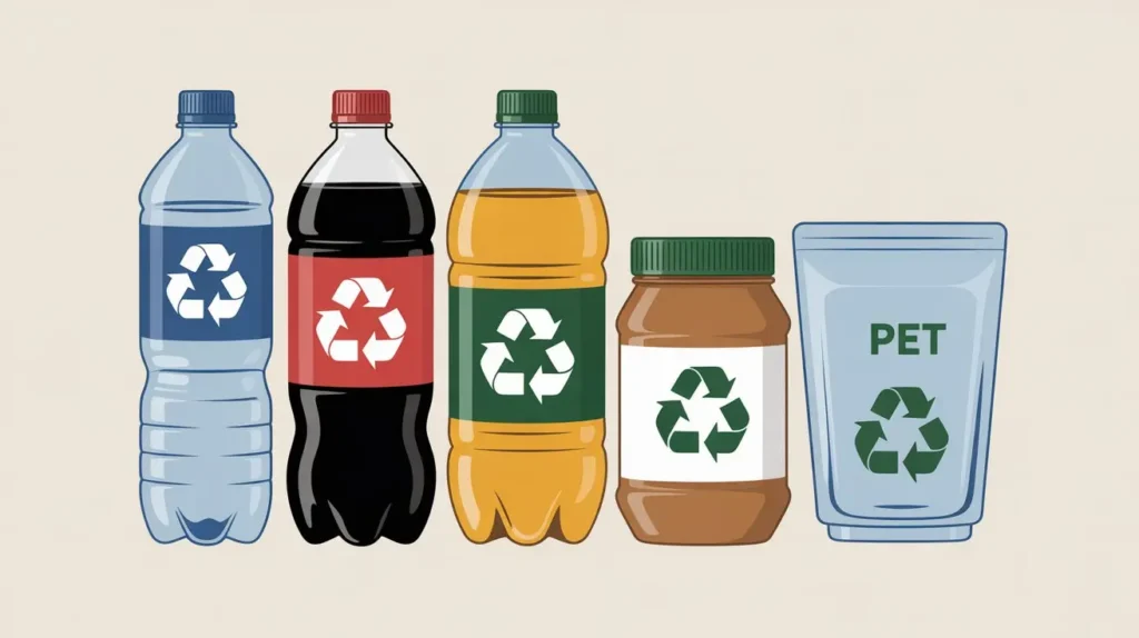Realistic illustration of Plastic #1 (PET) with water bottles, soda bottles, oil container, peanut butter jar, and clear packaging marked with the recycling symbol #1.