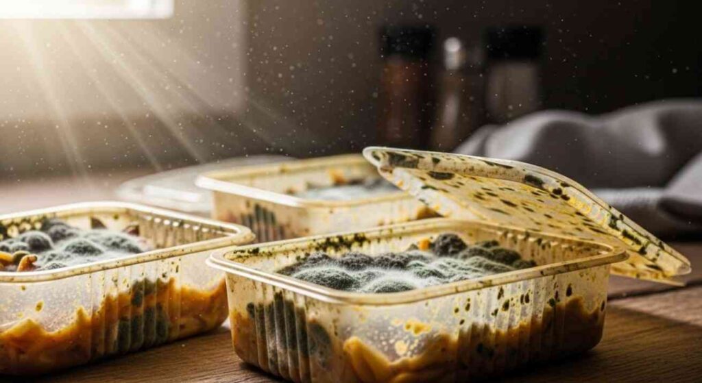Plastic containers with visible mold growth, black, green, and white patches, illustrating health risks and answering the question: Can Mold Grow on Plastic.