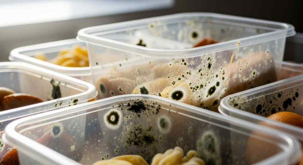 Close-up of plastic containers showing signs of mold growth, including black, green, and white spots, discoloration, and texture changes, illustrating Can Mold Grow on Plastic.
