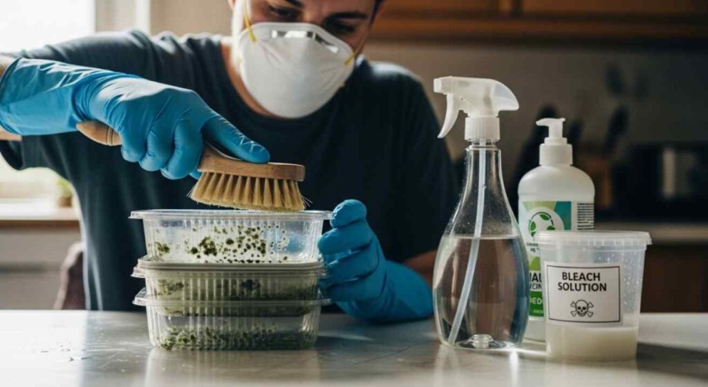 Person cleaning mold from plastic containers with gloves and mask, showing visible mold removal, illustrating Can Mold Grow on Plastic and effective cleaning methods.
