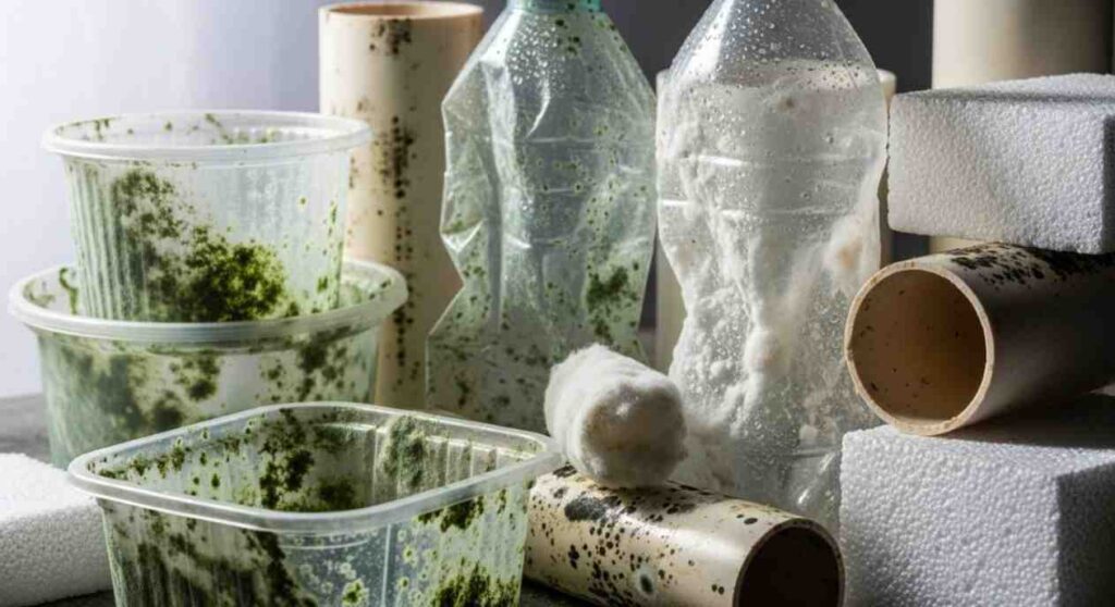 Various types of plastic items showing different levels of mold growth, illustrating which plastics are more susceptible and answering: Can Mold Grow on Plastic.