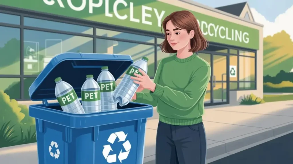 Realistic illustration of people recycling Plastic #1 (PET) bottles into a curbside recycling bin with symbol #1, showing local PET recycling process.