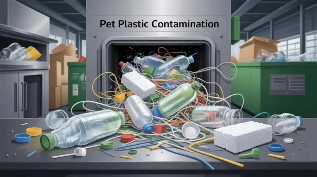 Realistic illustration showing items that should not be mixed with PET plastic recycling: tangled grocery bags, Styrofoam pieces, plastic straws, multilayer packaging, and different caps or lids.