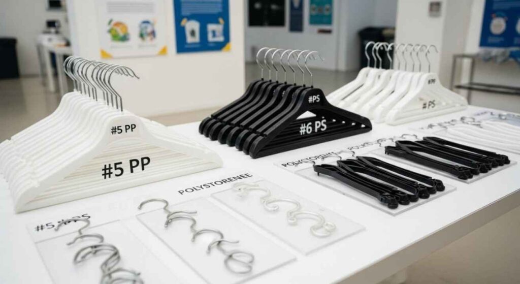 Realistic photo of plastic hangers with recycling codes (#5, #6) and mixed-material hangers, showing which hangers can or cannot be recycled.