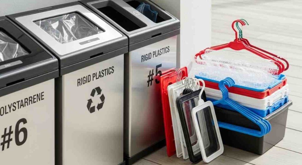 Realistic image of plastic hangers with metal hooks near a curbside recycling bin, showing which hangers can or cannot be recycled.