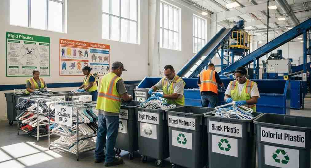 Realistic image of plastic hangers being sorted at a recycling drop-off center, showing specialist programs and donation options for rigid and mixed-material hangers.