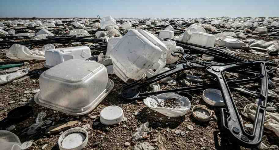 Realistic image of a landfill with discarded plastic hangers showing environmental impact, plastic waste accumulation, and microplastic formation.