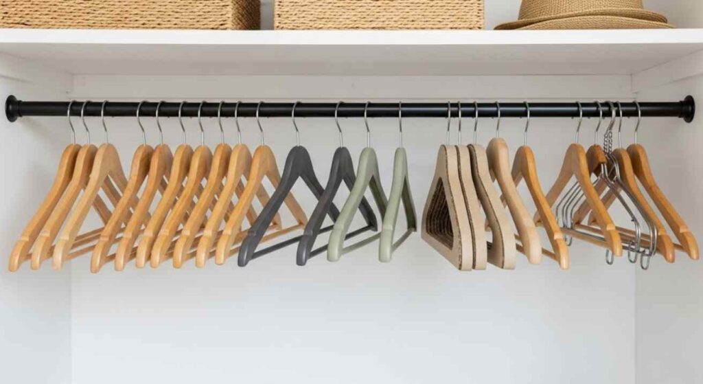 Realistic image of a modern closet with eco-friendly hangers including wood, bamboo, recycled plastic, and cardboard, highlighting sustainable alternatives to plastic hangers.
