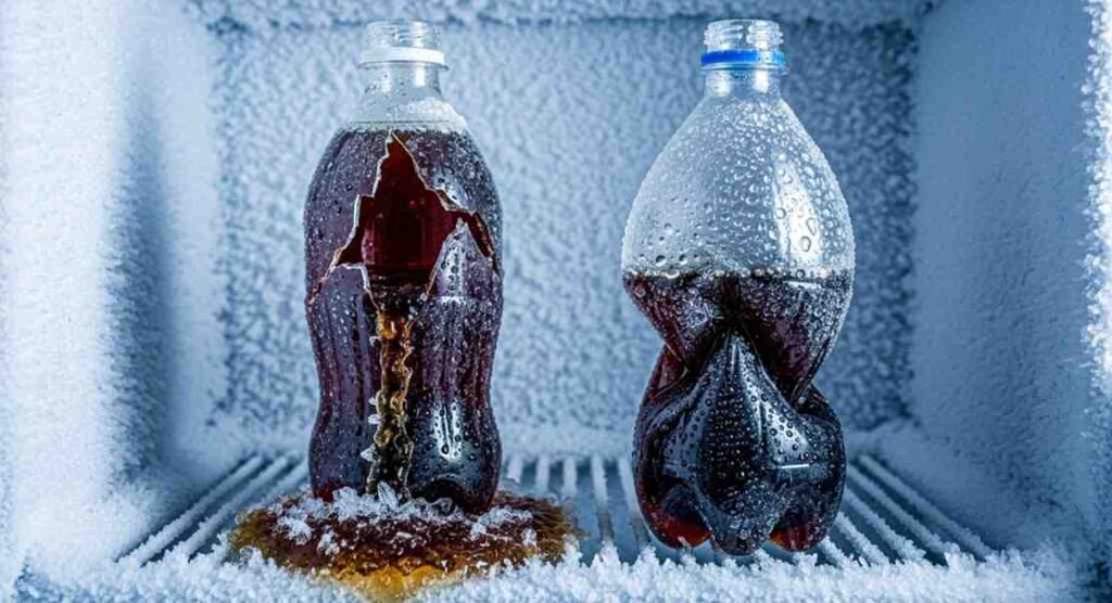 Do plastic bottles explode in the freezer? Image showing a frozen soda bottle bursting while another bottle is deformed due to ice expansion.