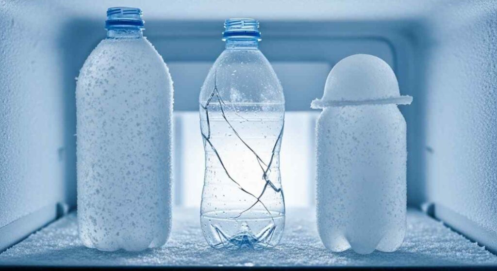 Plastic bottles inside a freezer showing risk factors: a cracked disposable bottle, an overfilled bottle with popped cap, and a safe HDPE bottle intact.