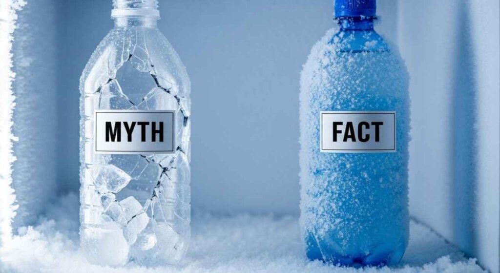 Comparison of freezing plastic bottles: cracked disposable bottle as myth vs intact HDPE bottle with headspace as fact.