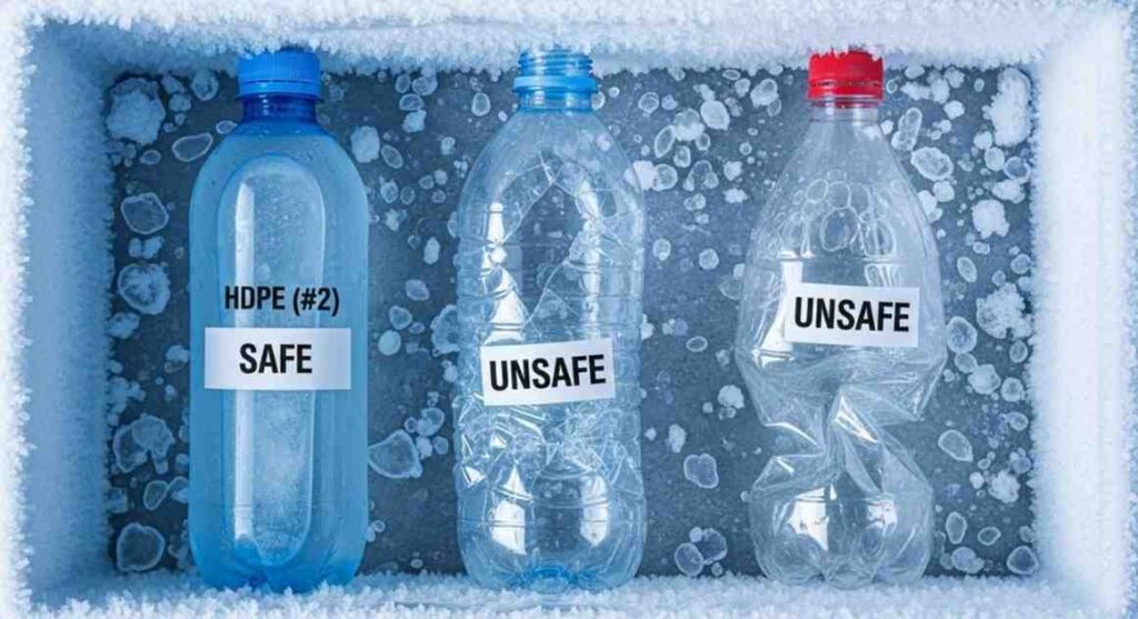 Freezer with plastic bottles showing safe methods: intact HDPE bottle with headspace vs cracked disposable and bulging soda bottle.