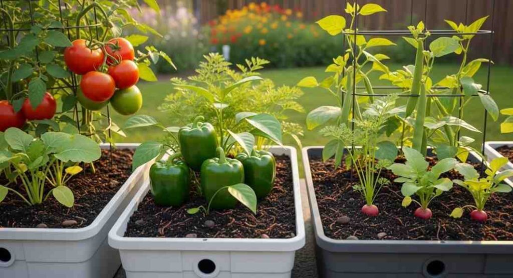 Fresh vegetables growing safely in food-grade plastic containers in a home garden, including tomatoes, peppers, beans, carrots, and radishes, illuminated by sunlight.