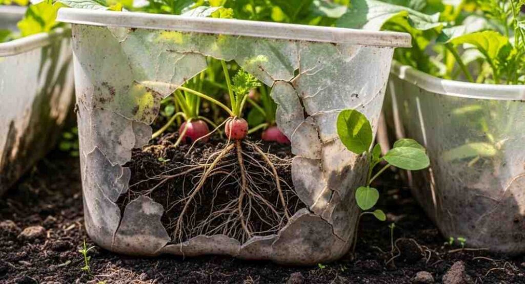 Old and cracked plastic containers with vegetables in a garden, showing risks like chemical leaching, microplastics, and heat damage to plant roots.