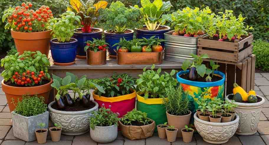 Alternatives to plastic containers for gardening including clay, ceramic, metal, wooden, fabric grow bags, concrete, and biodegradable pots with healthy vegetables growing in a realistic garden.