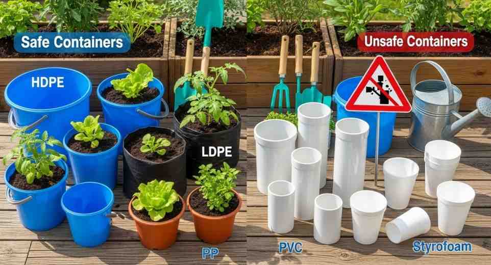 Is it safe to plant vegetables in plastic containers showing food-safe options like HDPE, LDPE, and PP versus unsafe plastics like PVC and Styrofoam."