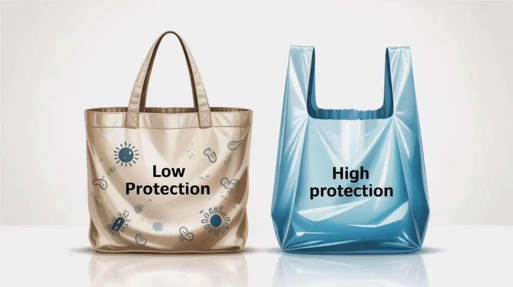 Comparison of cloth tote vs plastic bag showing hygiene and safety levels, with cloth tote linked to bacteria risks and plastic bag shown as cleaner and safer.