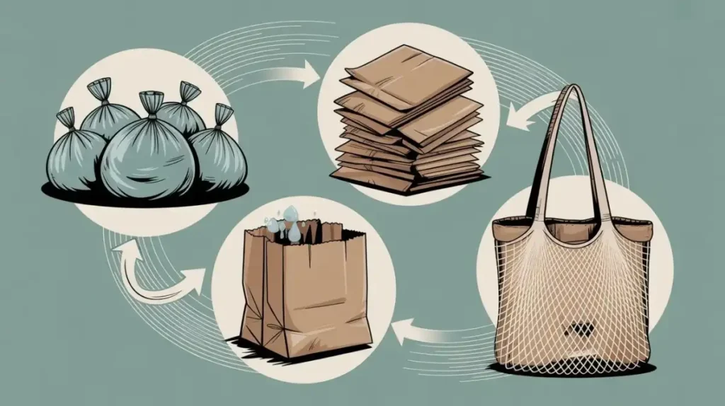 Infographic showing unintended consequences of plastic bag bans, including rise in garbage bag sales, increased paper bag use, cotton tote production impact, and pollution shifting to other sources.