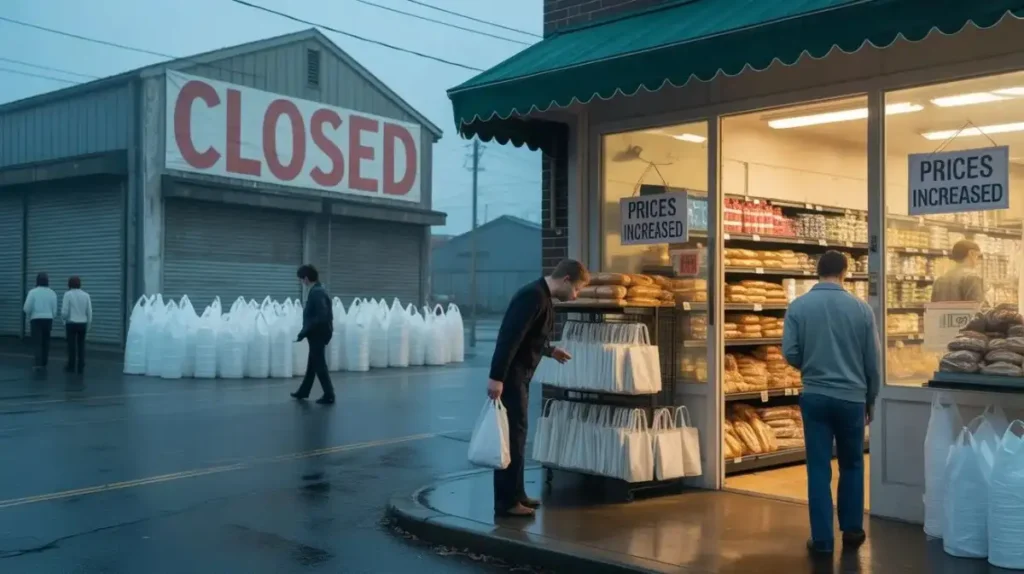 Illustration of the economic impact of plastic bag bans showing a closed factory, worried workers, small shop owners with costly alternatives, rising prices, and stressed shoppers.