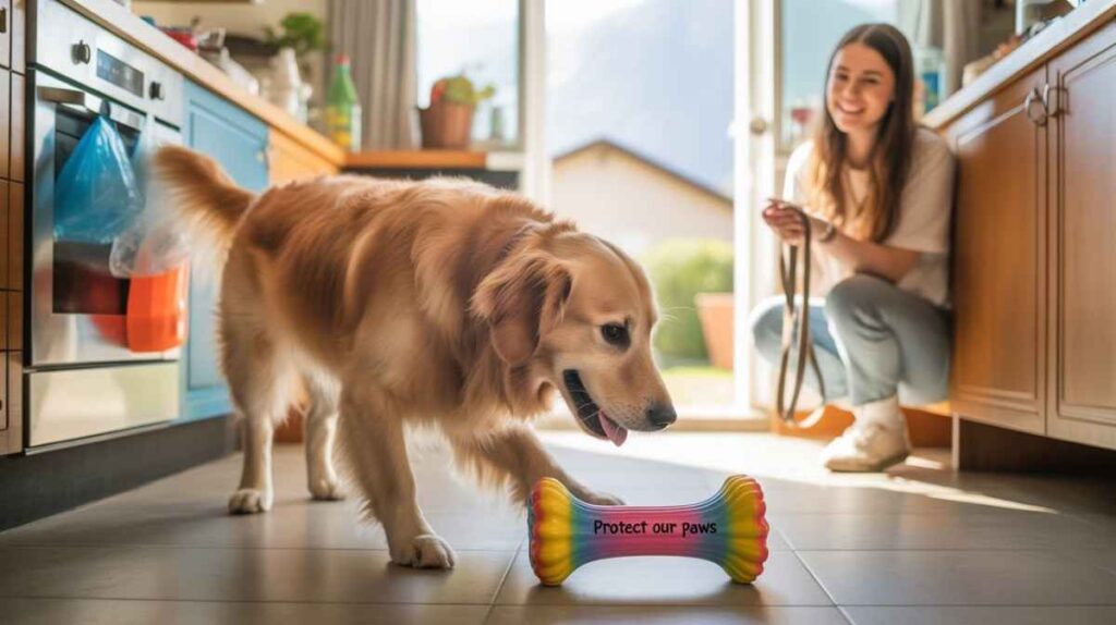Photorealistic illustration of a dog in a safe environment with plastics stored away, rubber chew toys available, and an owner supervising the dog outdoors to prevent plastic exposure.