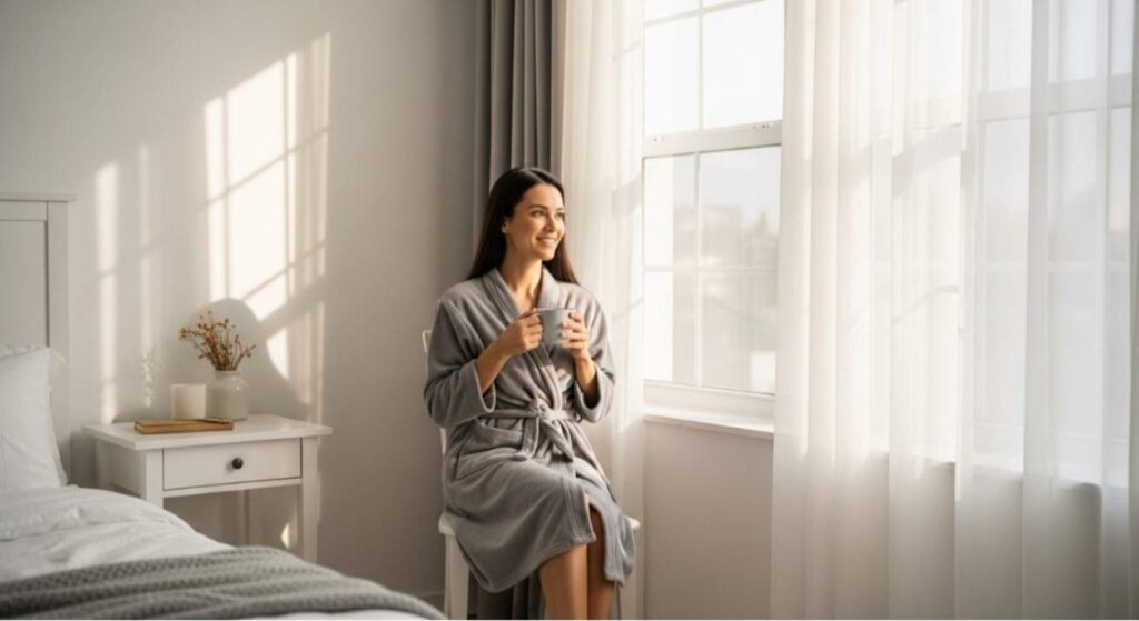 Woman enjoying coffee safely after plastic surgery — can I drink coffee after plastic surgery — post-surgery recovery and hydration.