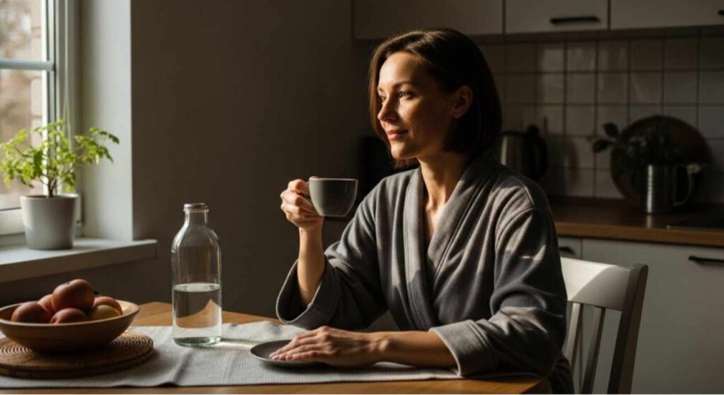 Woman enjoying a small cup of coffee while recovering — when can you safely drink coffee again after plastic surgery — post-surgery recovery tips.