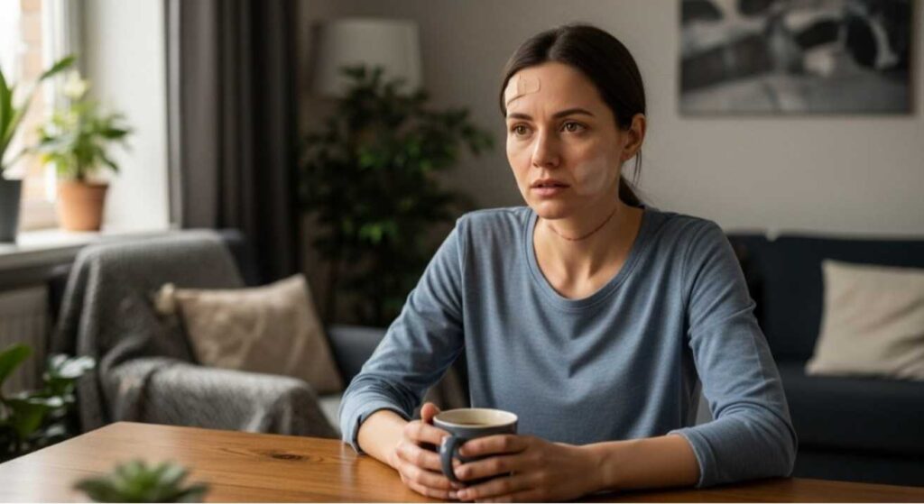 Woman holding coffee with concern — potential risks of drinking coffee too soon after plastic surgery — post-surgery swelling, hydration, and recovery.
