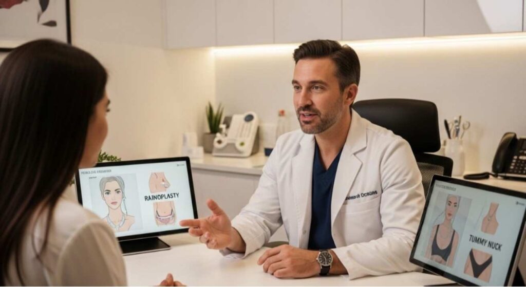 Realistic image of a surgeon discussing irreversible cosmetic procedures like facelifts and rhinoplasty — can plastic surgery be reversed.