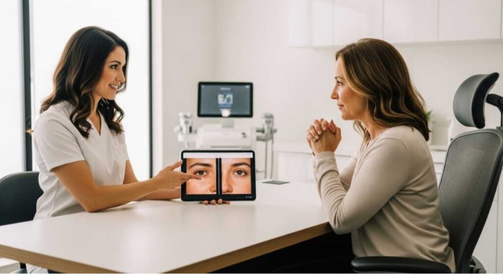 Woman consulting plastic surgeon to decide if plastic surgery can be reversed — realistic image of reversal and revision surgery discussion.