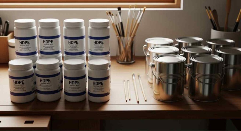 A realistic comparison showing the benefits and drawbacks of storing paint in plastic containers versus metal cans, highlighting HDPE plastic jars on a workbench.