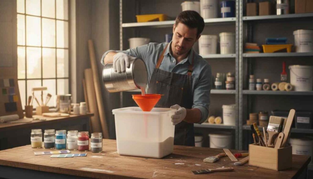 A person demonstrating how to store paint safely in a plastic container — showing airtight HDPE storage for leftover paint to keep it fresh.