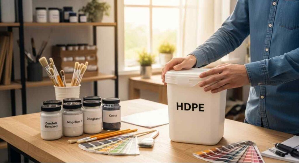A person demonstrating the best way to store paint in a plastic container using airtight HDPE jars, labeling and sealing them to preserve leftover paint safely.