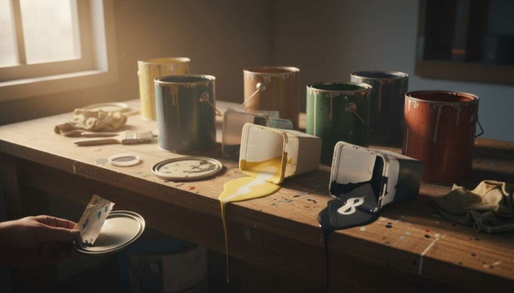 A realistic scene showing common mistakes when storing paint in plastic containers, such as open lids, poor sealing, and exposure to sunlight.