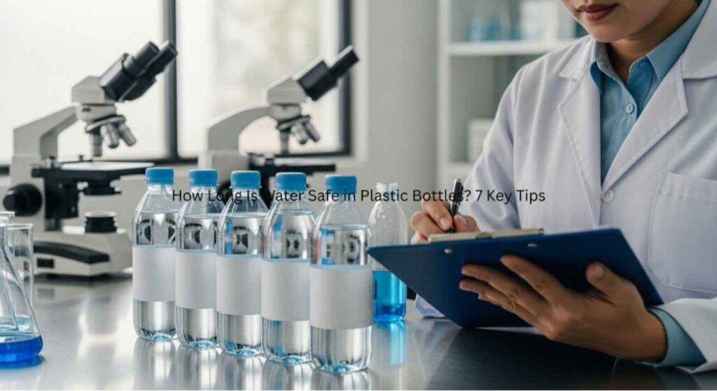 Scientist examining bottled water samples in a lab to explain what experts say about bottled water shelf life and how long water is safe in plastic bottles.