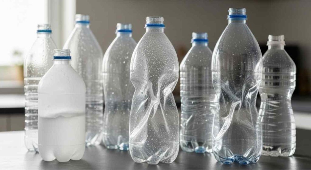 Realistic image showing signs your bottled water is no longer safe, including cloudy bottles, broken seals, and bulging plastic.