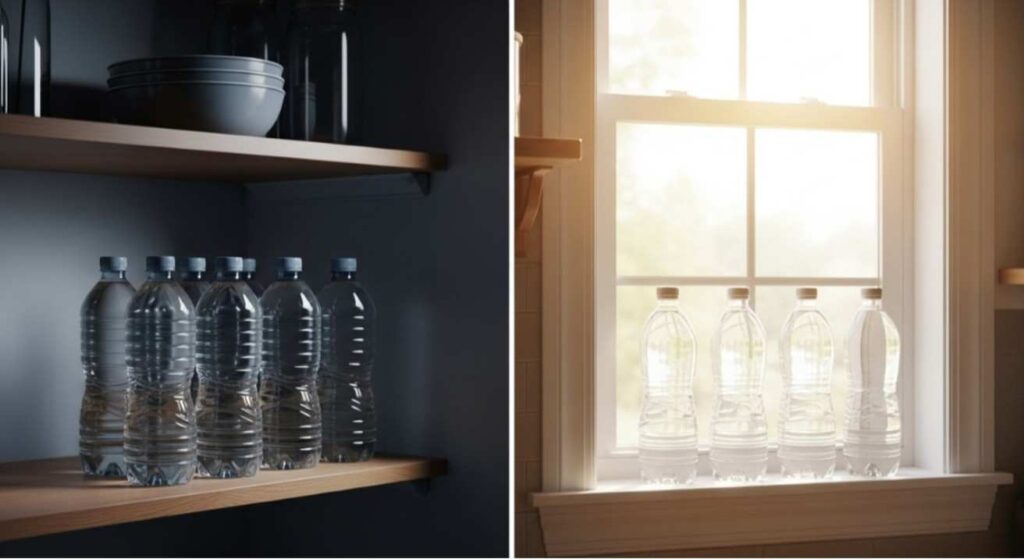 Realistic image showing why storage conditions matter for bottled water, with plastic bottles stored safely in a cool, shaded area away from sunlight.