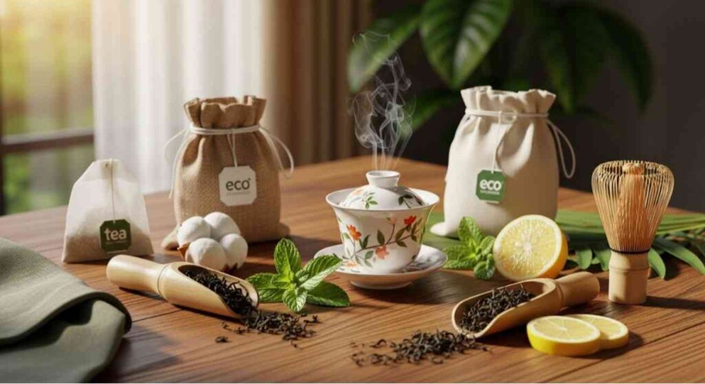 Plastic Free Tea Bag Brands displayed with eco-friendly packaging, loose tea leaves, and a steaming cup of tea in a realistic, cozy, and inviting setup.